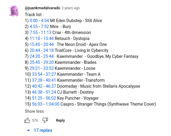Screenshot of comment with the track list